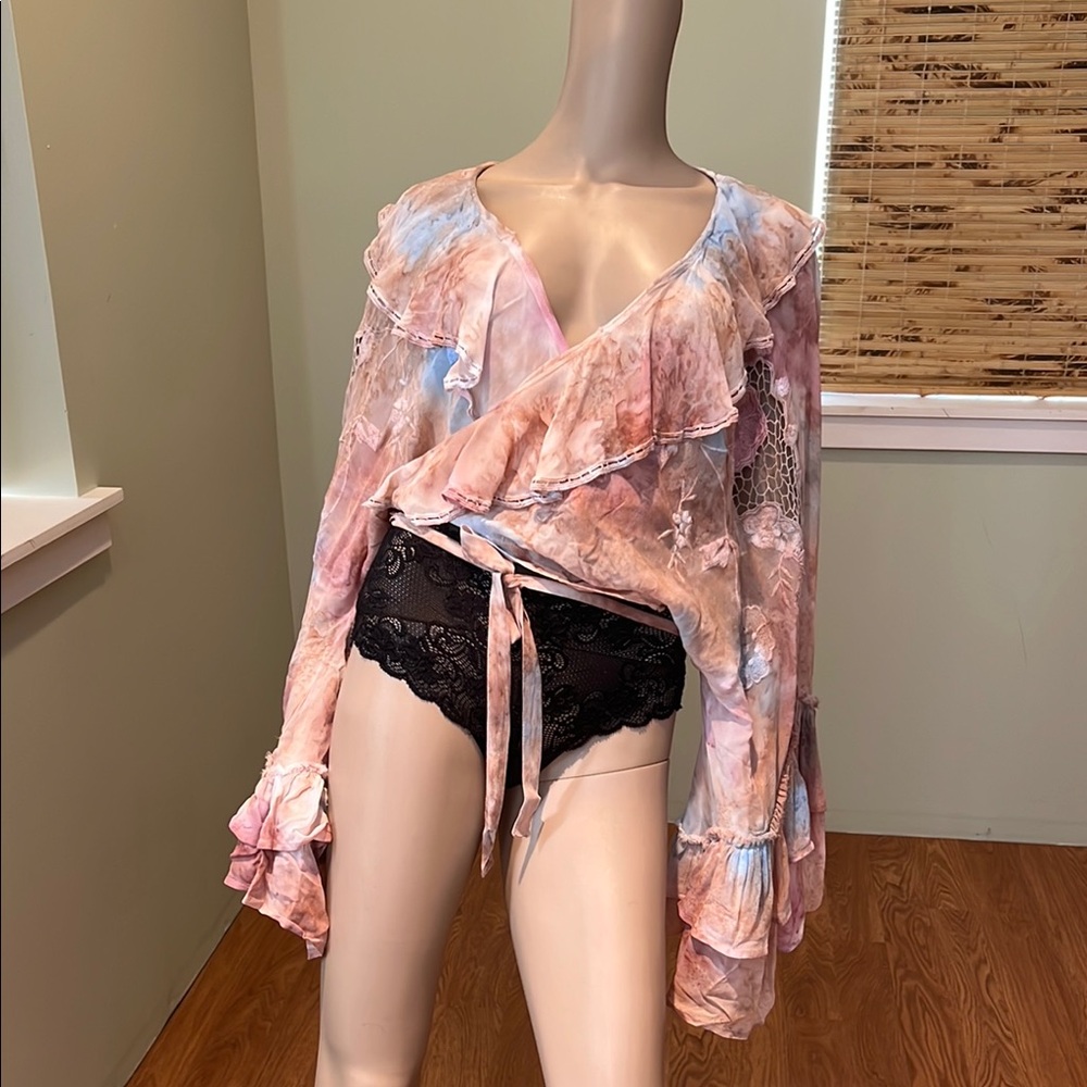 Free People Pink and Blue Tie-Dye Wrap Blouse Slightly Sheer With Crochet XL